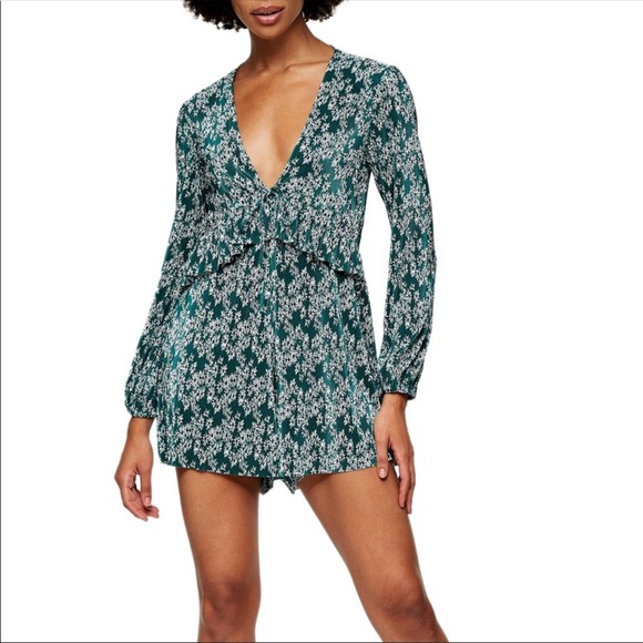 Topshop Emerald Green Floral Long Sleeve Romper - Picture 1 of 6